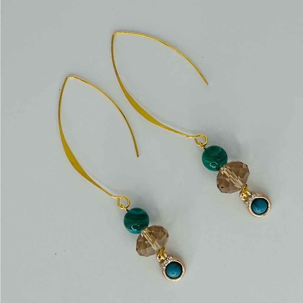 Gold and Green Long Dangle Earrings